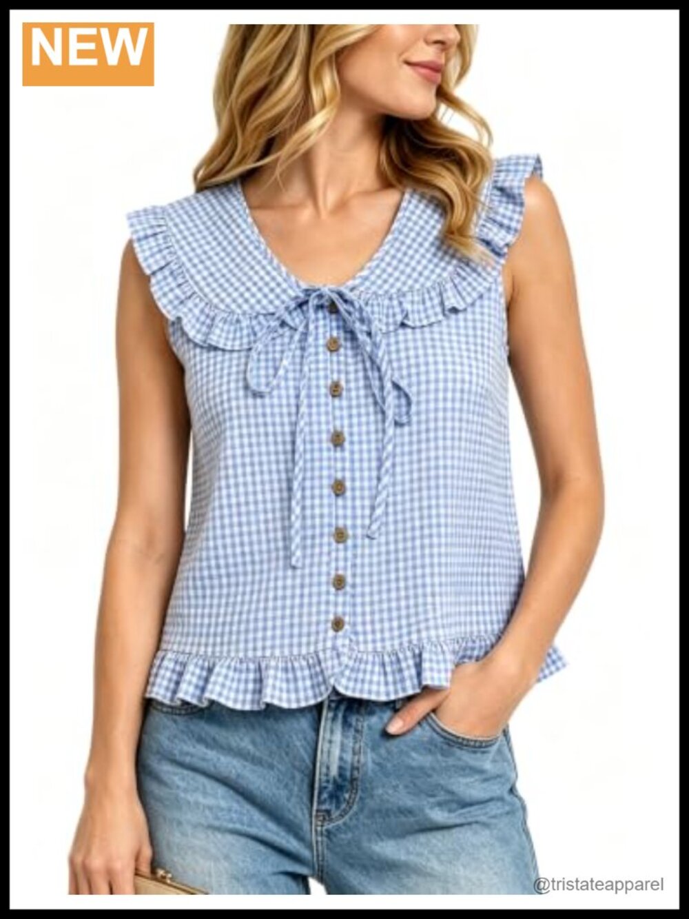 Gingham Sleeveless Blouse V-Neck Peter Pan Collar Cotton Blend Women's Top